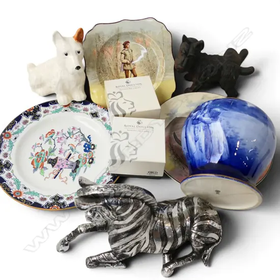 6 PCES ENGLISH CHINA; 3 PLATES, 2 MINI DOULTON LADIES, BLUE CHILDREN VASE AF, 2 SCOTTIE DOGS (BESWICK AF), RESIN ZEBRA