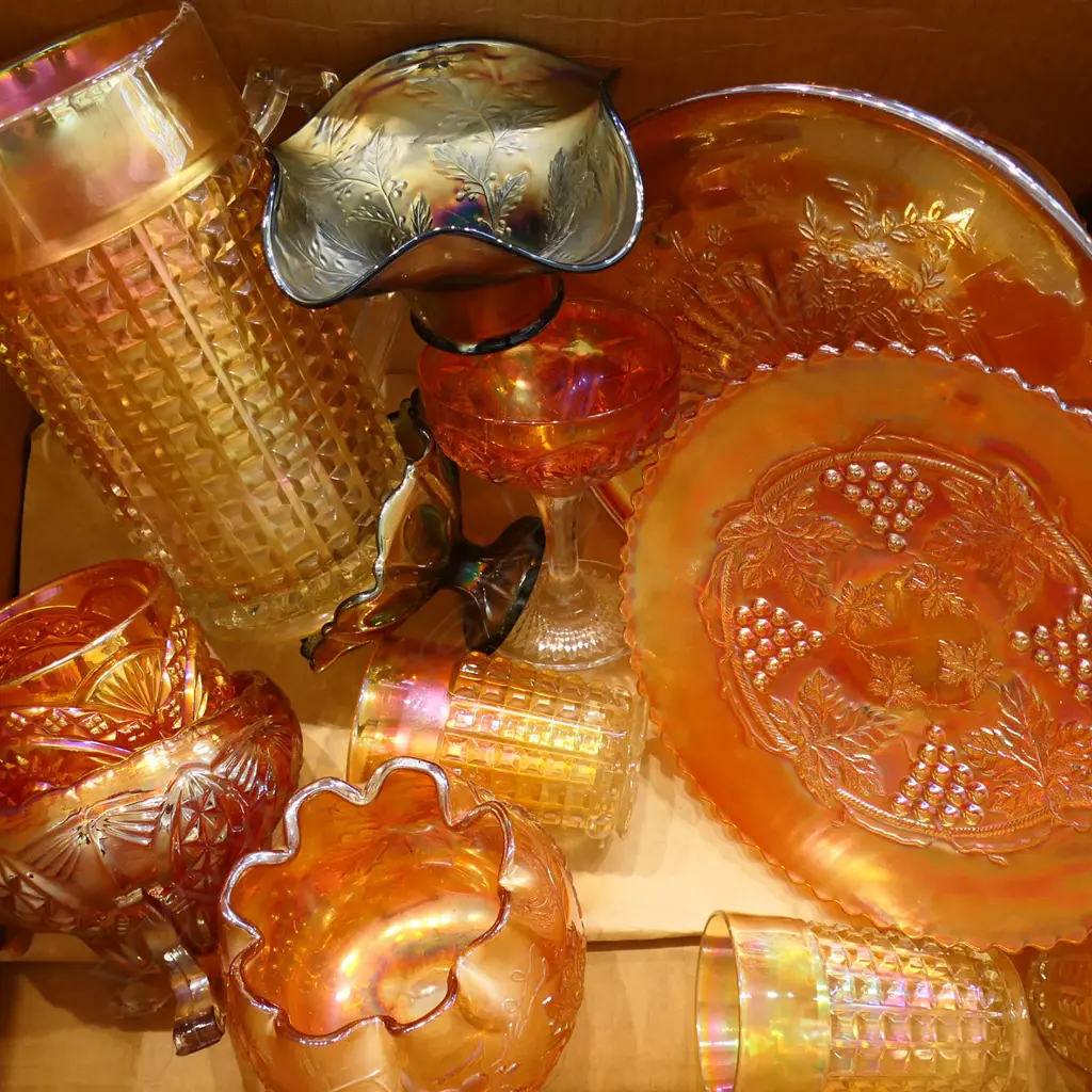 ASST. CARNIVAL GLASS; JUGS, CUPS, COMPORT etc Image 1++