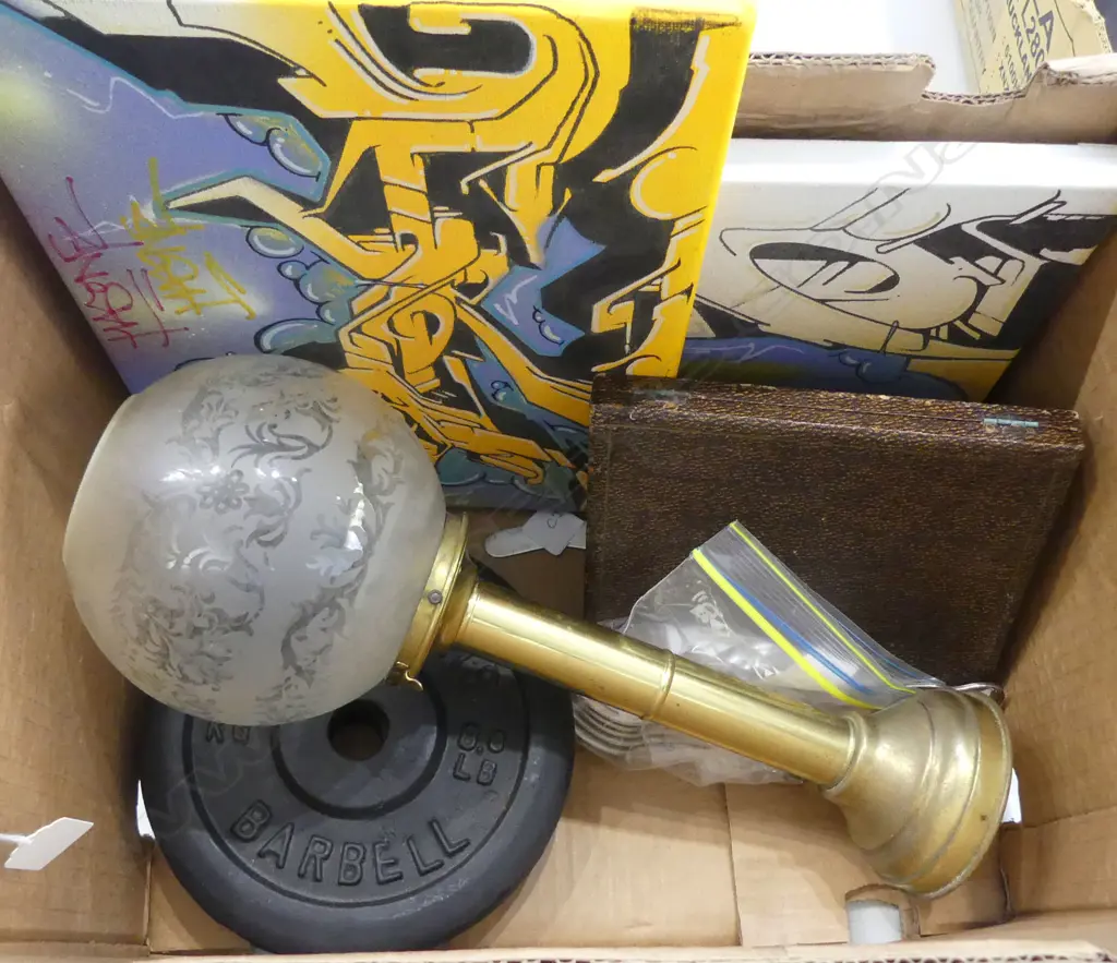 BOX OF ASST. Incl. 2 GRAFFITI WORKS ON CANVAS, SILVER PLATE, etc  Image 1++
