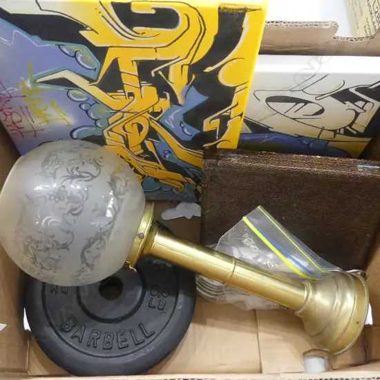 BOX OF ASST. Incl. 2 GRAFFITI WORKS ON CANVAS, SILVER PLATE, etc 