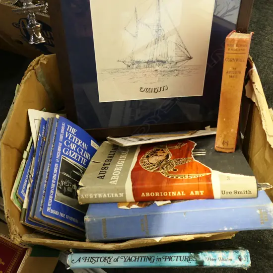 BOX OF BOOKS: Vintage car magazines etc + Aboriginal Art + History of Sailing etc