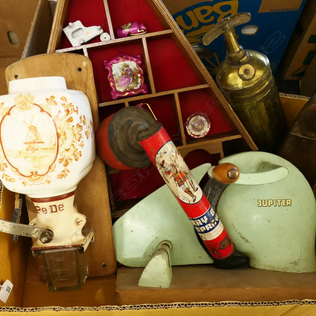 ASST. COLLECTABLES; WINDMILL GRINDER, JUPITER SLICER, VINTAGE FIRE EXTINGUISHER, LIMOGES w. DISPLAY SHELF etc Image 1++