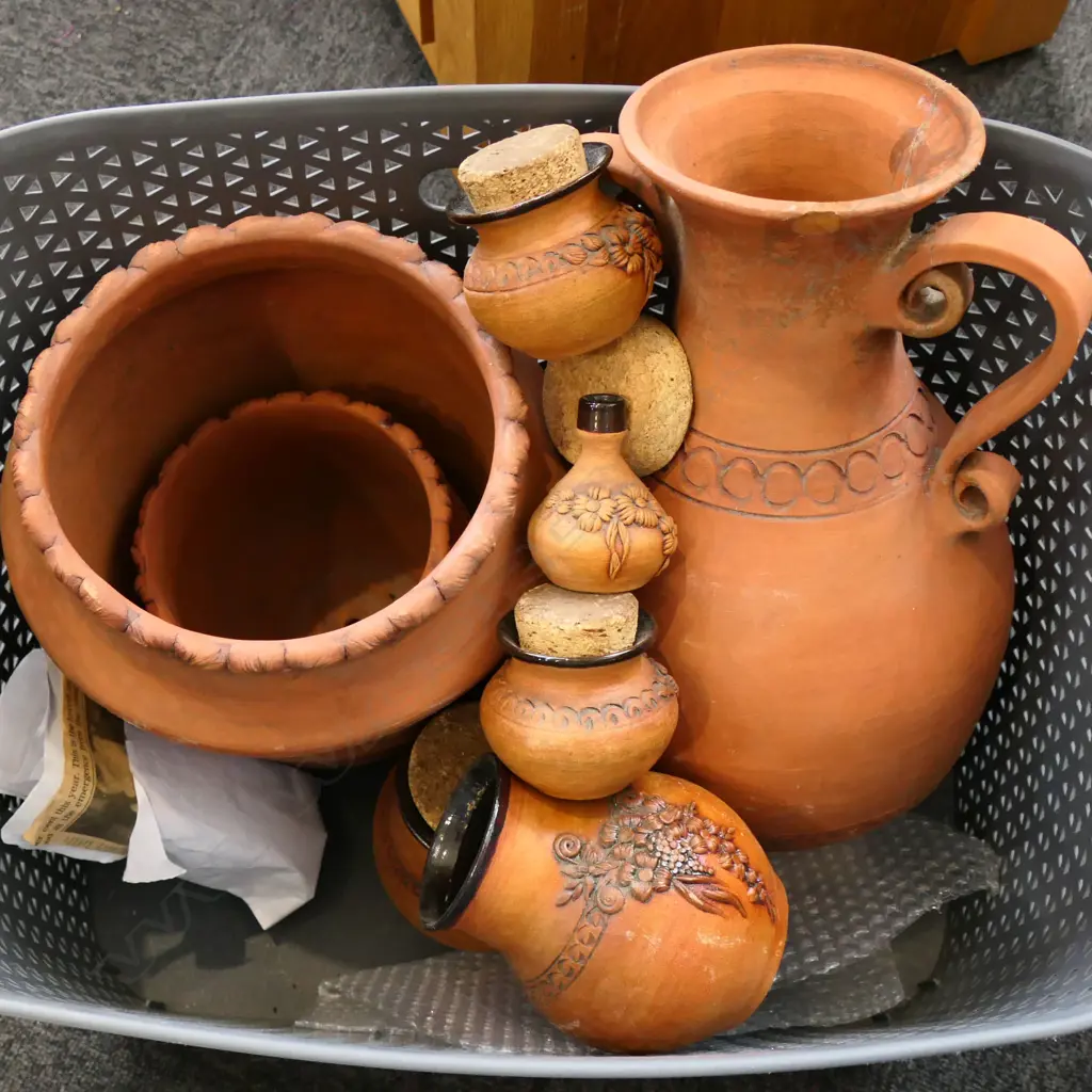 8 PCS GARLAND ADORNED TERRACOTA POTTERY by JEAN & TOM GUNN; CORK LIDDED JARS & PLANTERS, H.80-400mm, lidded urn repaired Image 1++