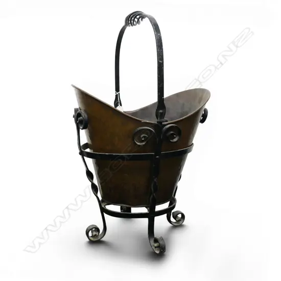 COPPER COAL BUCKET IN WROUGHT IRON FRAME H.450mm