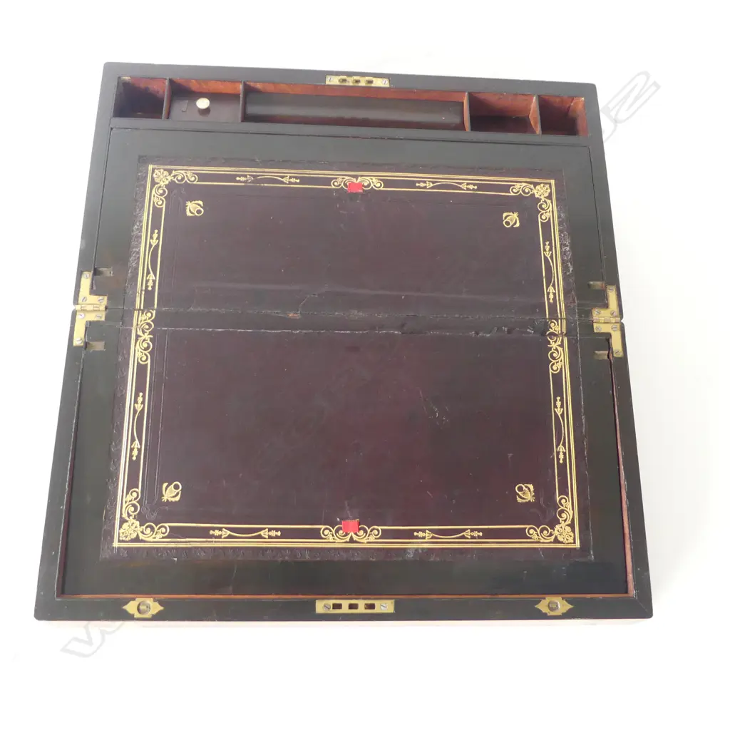 WALNUT & BRASS INLAID WRITING SLOPE needs attention W.500mm Image 1++