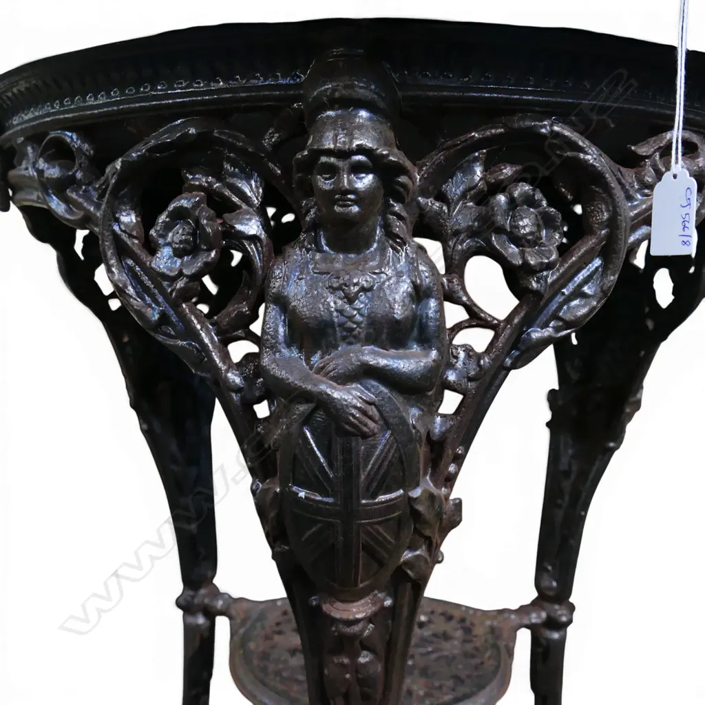 ANTIQUE CAST IRON PUB TABLE w. GREY MARBLE TOP H.750mm, 665mm dia Image 1++