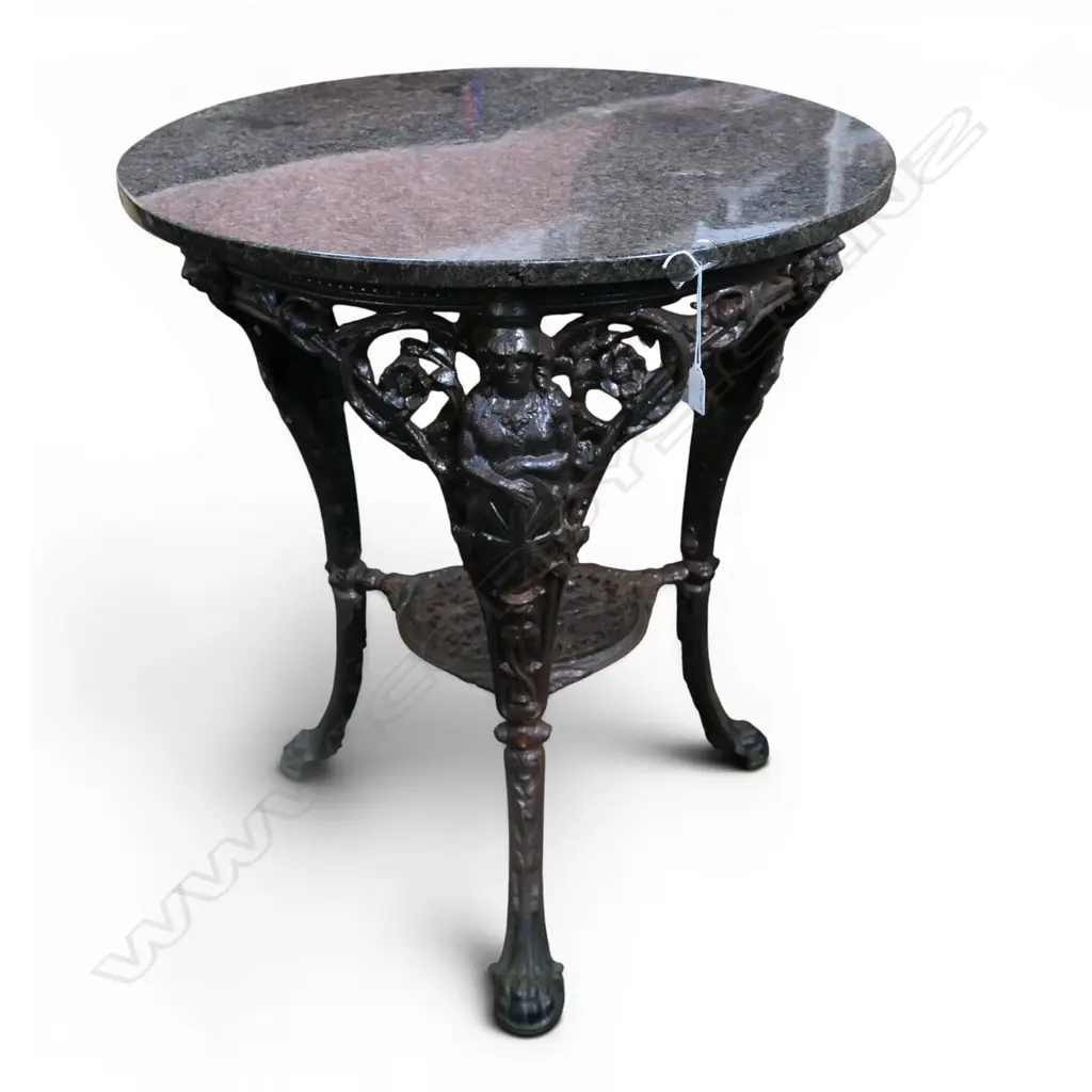 ANTIQUE CAST IRON PUB TABLE w. GREY MARBLE TOP H.750mm, 665mm dia Image 1++
