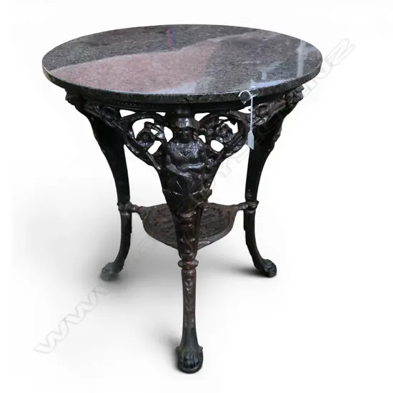 ANTIQUE CAST IRON PUB TABLE w. GREY MARBLE TOP H.750mm, 665mm dia