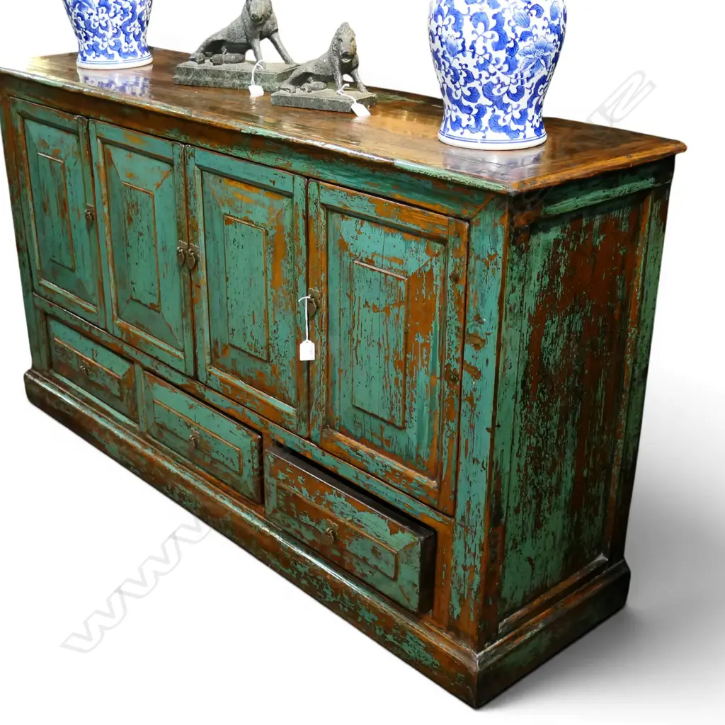 MODERN CHINESE SIDEBOARD DISTRESSED TURQUOISE FINISH, SOME DAMAGE TO TOP,1570 x 420 x 860mm Image 1++