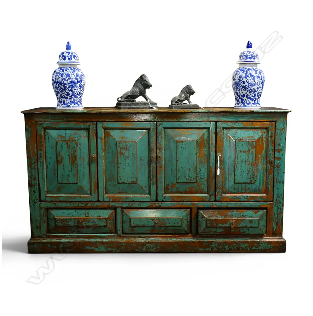 MODERN CHINESE SIDEBOARD DISTRESSED TURQUOISE FINISH, SOME DAMAGE TO TOP,1570 x 420 x 860mm Image 1++