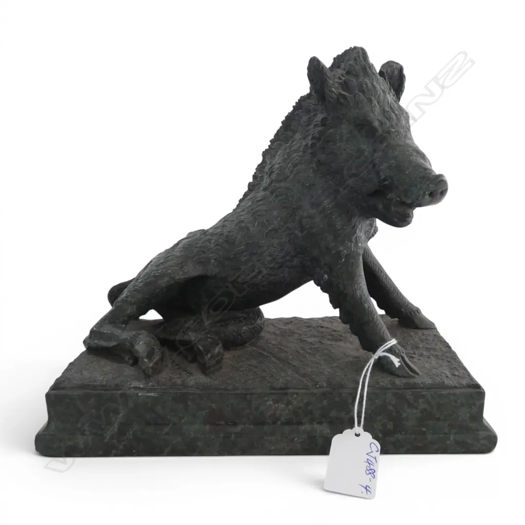 WELL CARVED dark mottled green HARDSTONE FIGURE OF A partially SEATED BOAR L.245mm. H.213mm. Image 1++