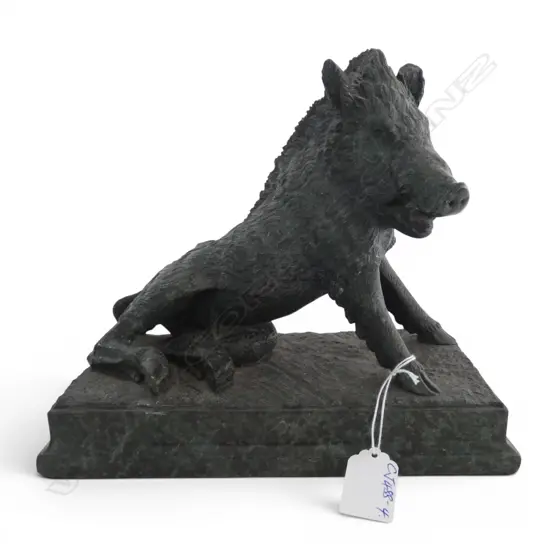WELL CARVED dark mottled green HARDSTONE FIGURE OF A partially SEATED BOAR L.245mm. H.213mm.