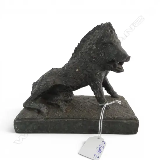 CARVED dark mottled green HARDSTONE FIGURE OF A partially SEATED BOAR L.170mm.