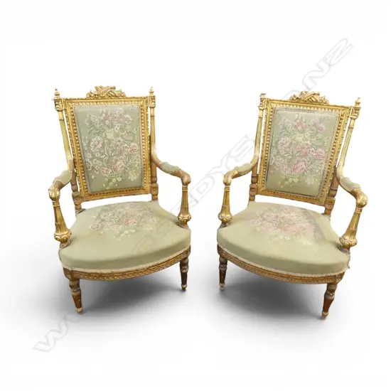 2 ANTIQUE FRENCH GILT ARMCHAIRS w. FLORAL UPHOLSTERY