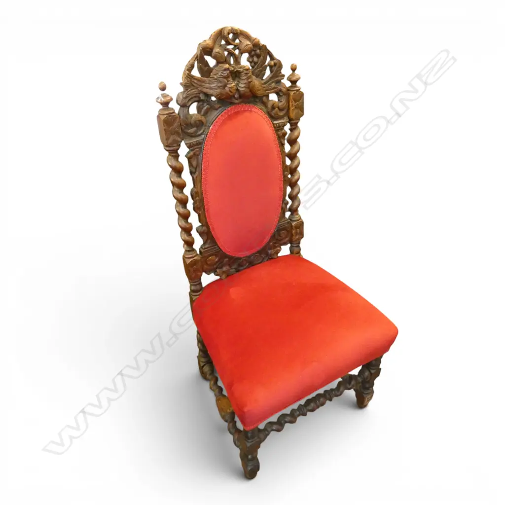CARVED OAK DINING CHAIR IN RED VELVET Image 1++
