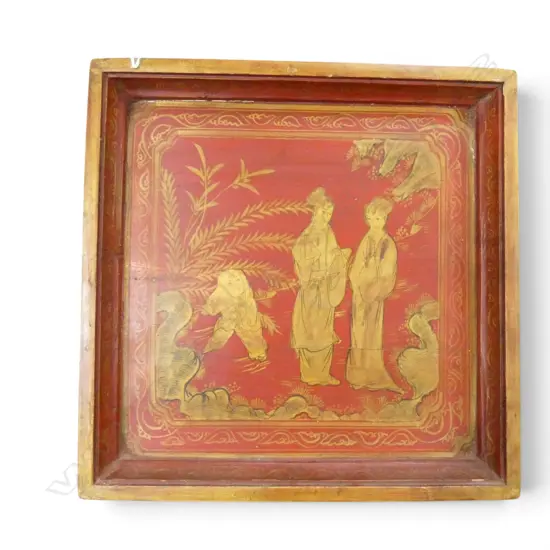 VINTAGE CHINESE RED & GILT  FIGURAL PAINTED SERVING TRAY L440MM