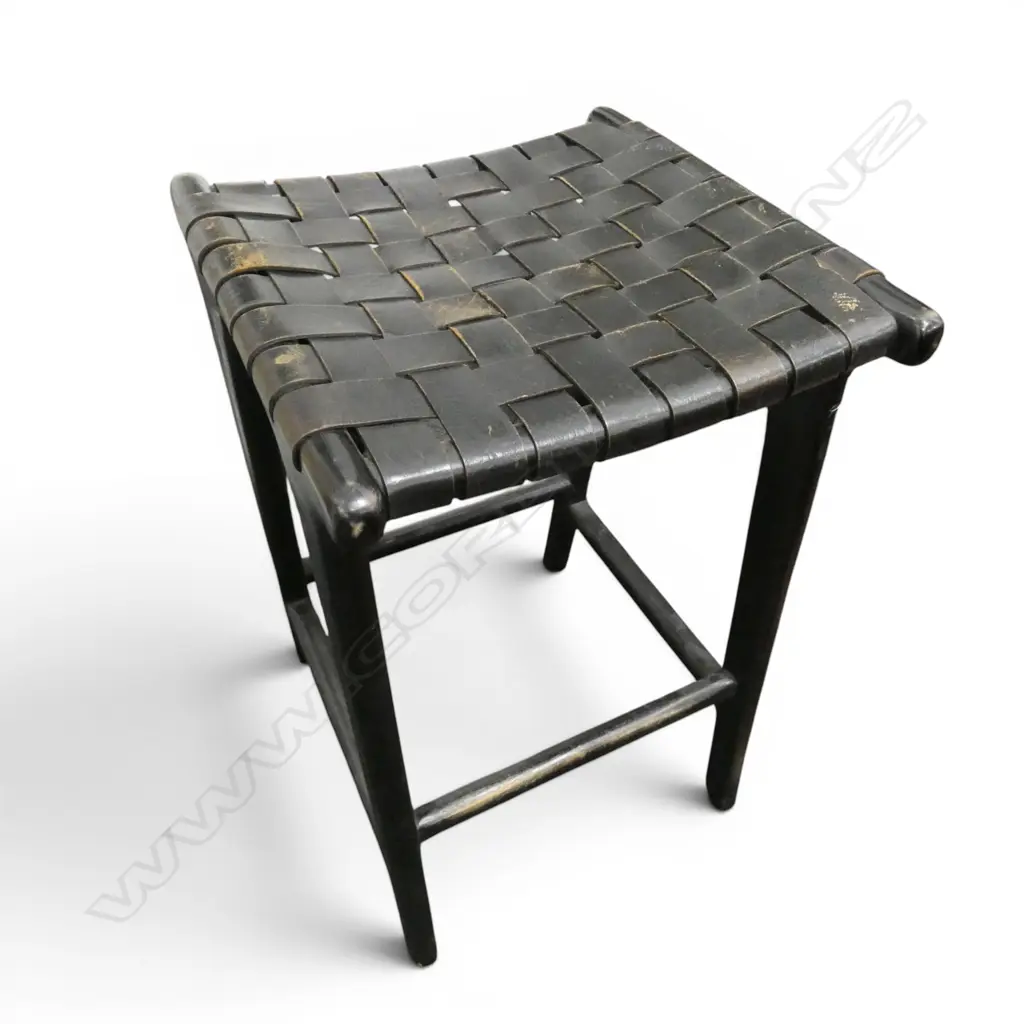 EBONISED STOOL, WOVEN LEATHER SEAT H.650mm Image 1++