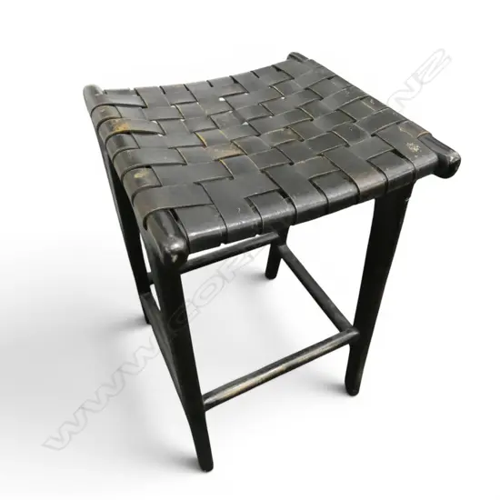 EBONISED STOOL, WOVEN LEATHER SEAT H.650mm