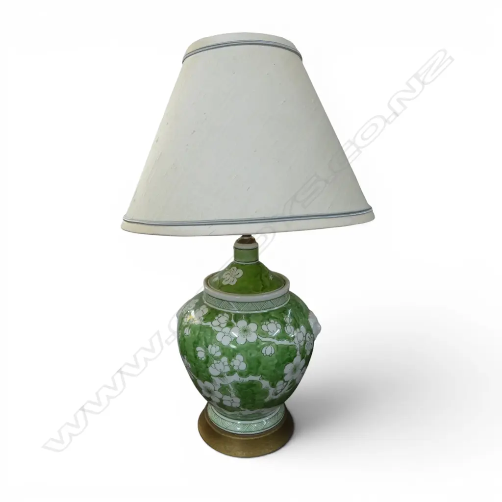 CHINESE WHITE PORCELAIN GREEN PAINTED DECORATIVE TABLE LAMP H530MM SHADE A/F Image 1++