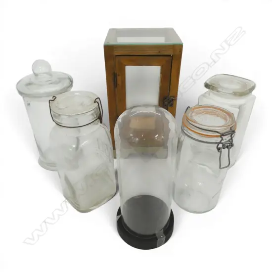 6 GLASS PIECES; 4 JARS, DOME, DISPLAY CASE H.315mm