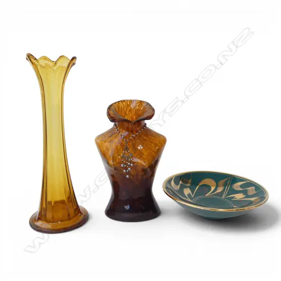 PETER COLLIS BOWL 280mm dia + 2 AMBER GLASS VASES H.420mm