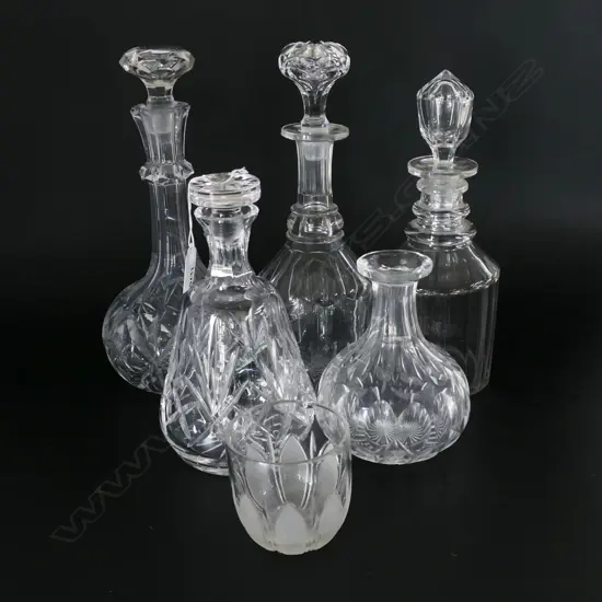 4 DECANTERS MISSMATCHED STOPPERS plus CARAFE & GLASS