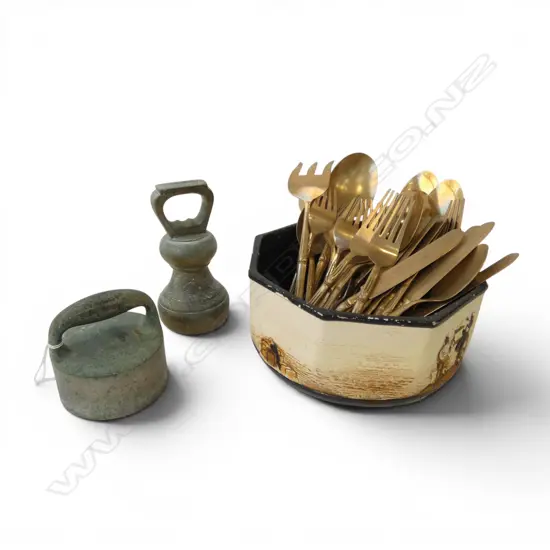 2 METAL WEIGHTS + BOWL & THAI BRASS BAMBOO CUTLERY