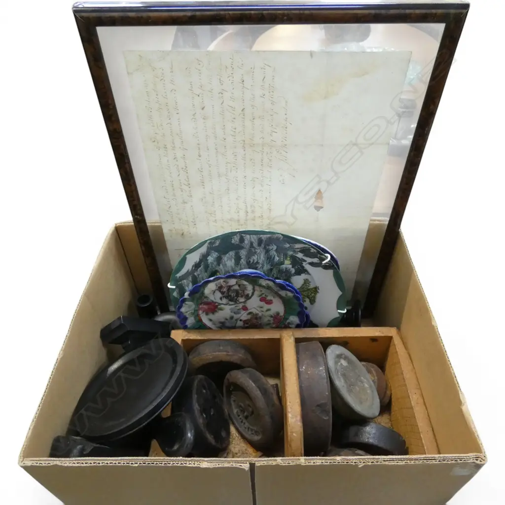 ASST. WEIGHTS, 4 PLATES, FRAMED 1766 DOCUMENT, 11 PCE WOODEN DRESSING SET Image 1++