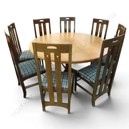 OAK CIRCULAR TABLE Dia.1510mm w. 8 ARTS & CRAFTS STYLE CHAIRS