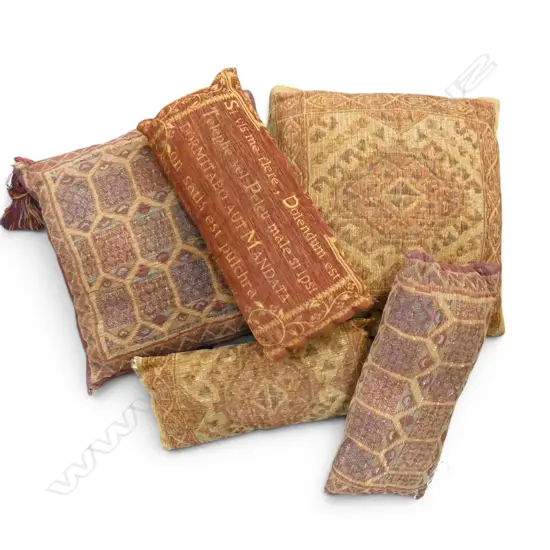 2 SQUARE EGYPTIAN CUSHIONS & 3 SMALL BOLSTER CUSHIONS