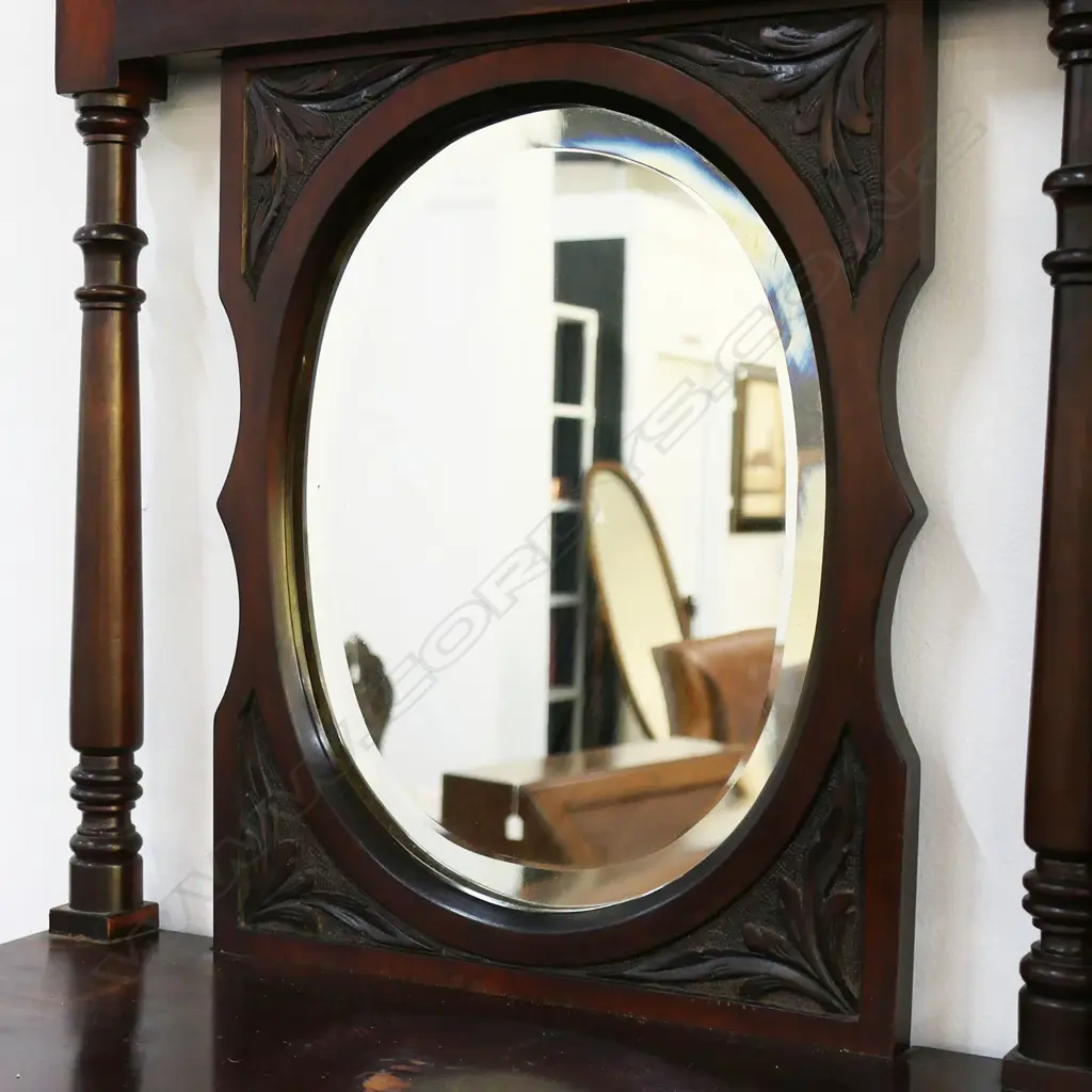 19thC NZ CONIAL LARGE DRESSING TABLE. Dark stained kauri. With ecclesiastical arch topped mirror. Image 1++