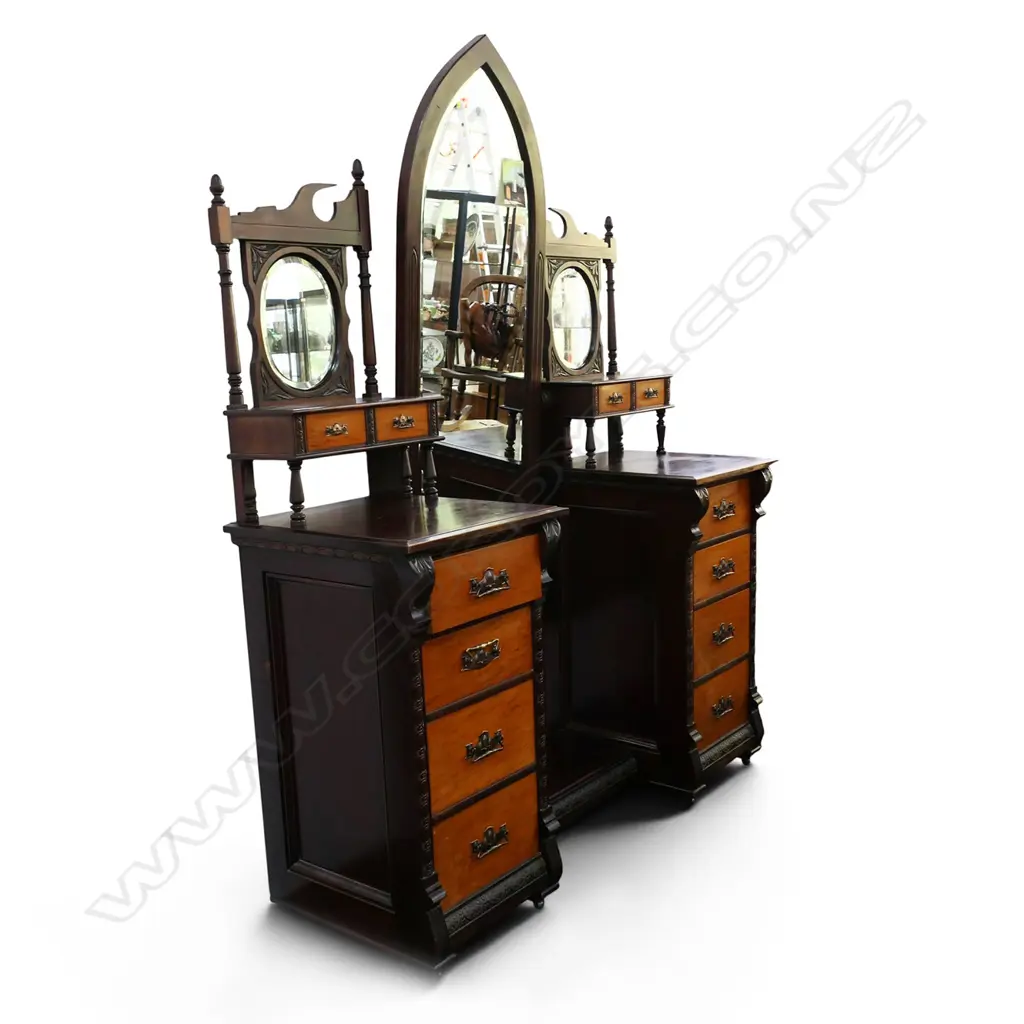 19thC NZ CONIAL LARGE DRESSING TABLE. Dark stained kauri. With ecclesiastical arch topped mirror. Image 1++