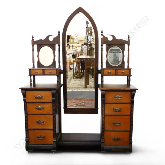 19thC NZ CONIAL LARGE DRESSING TABLE. Dark stained kauri. With ecclesiastical arch topped mirror.