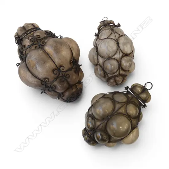 3 MODERN ANTIQUE STYLE CAGED GLASS PENDANT SHADES one w. fault H.380mm appox.