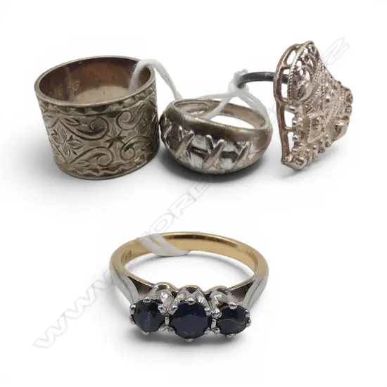 3 SILVER RINGS 14.4GMS 18CT GOLD & 3 SAPPHIRE RING 3.7GMS