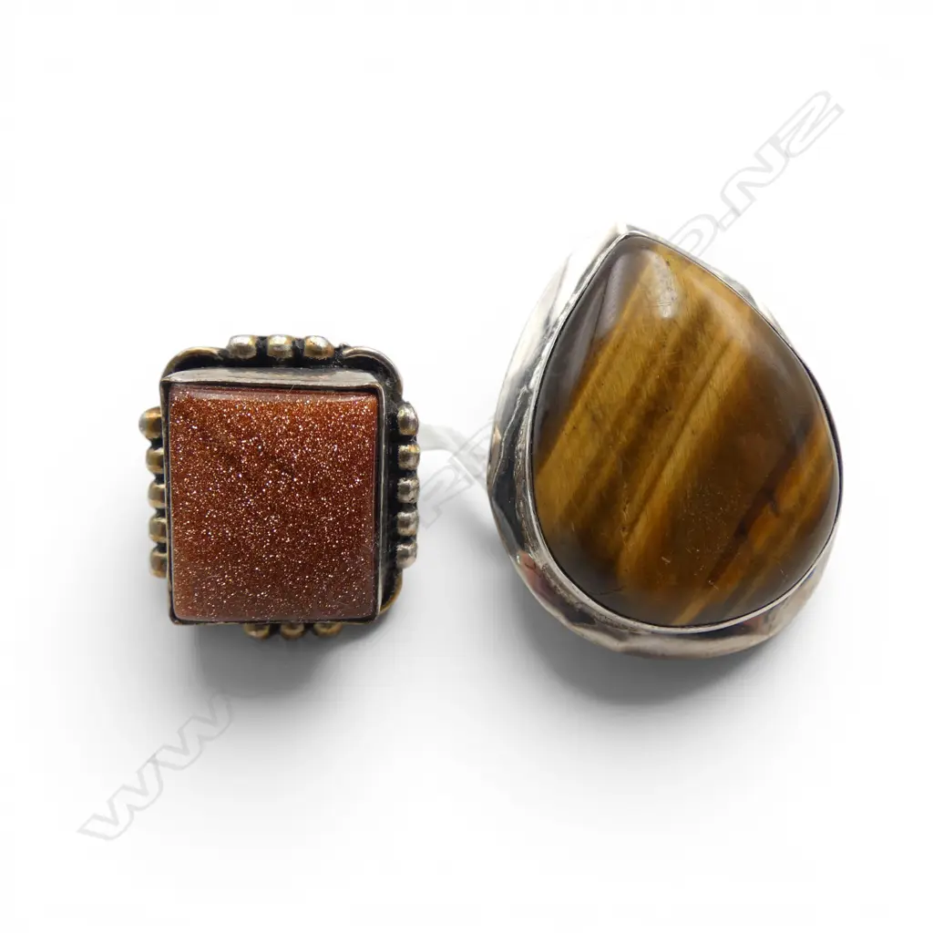 2 SILVER SET DRESS RINGS GOLD STONE & TIGERS EYE  Image 1++