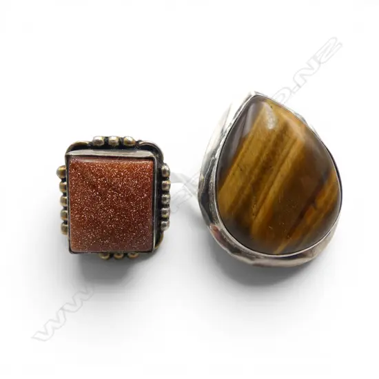 2 SILVER SET DRESS RINGS GOLD STONE & TIGERS EYE 