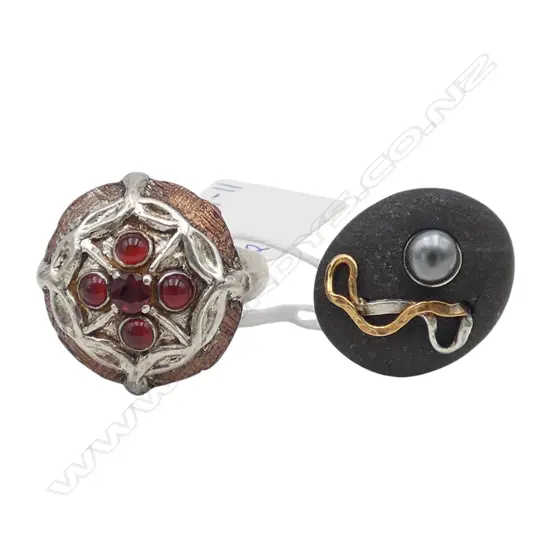 TWO SIMON MISDALE SILVER GEMSTONE PEARL ART FORM RINGS From Simon's estate