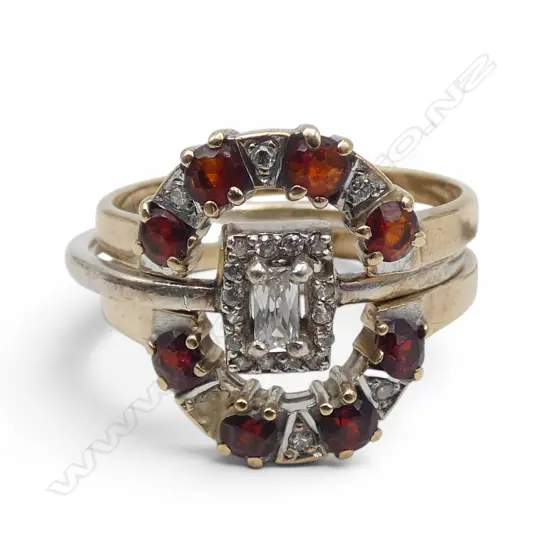 SILVER CZ  CLUSTER RING & 2x 9CT GARNET DIAMOND ETURNITY RINGS SET 1 CZ stone missing. 5.4GMS SIZE O/P  split to 1 shank