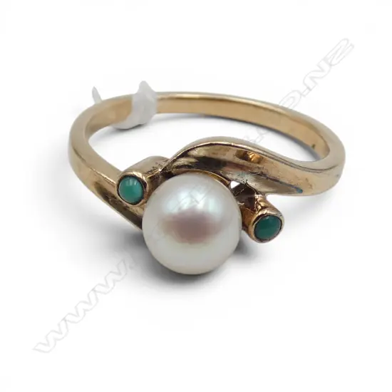 9CT PEARL TURQUOISE RING, 2.5gms SIZE  N