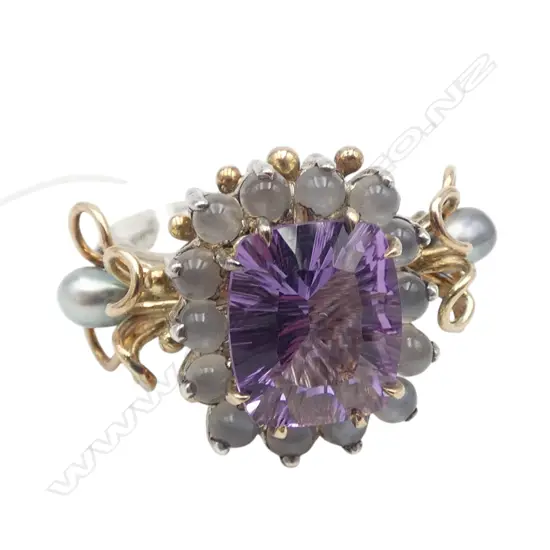 SIMON MISDALE SILVER & 9 CT GOLD AMETHYST MOONSTONE & PEARL DRESS RING SIZE O