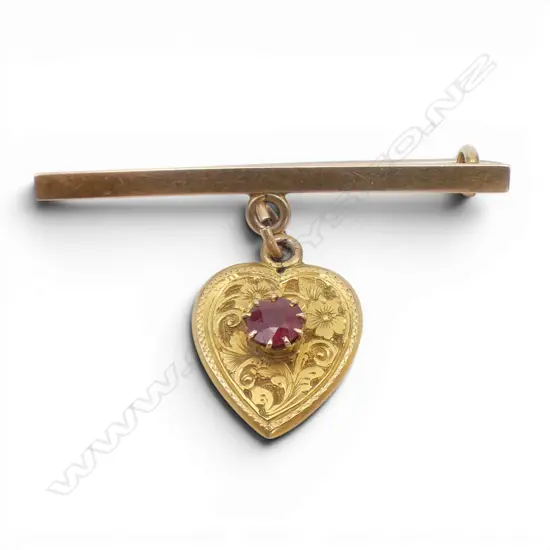 9ct HEART BAR BROOCH w RED STONE, 5.29