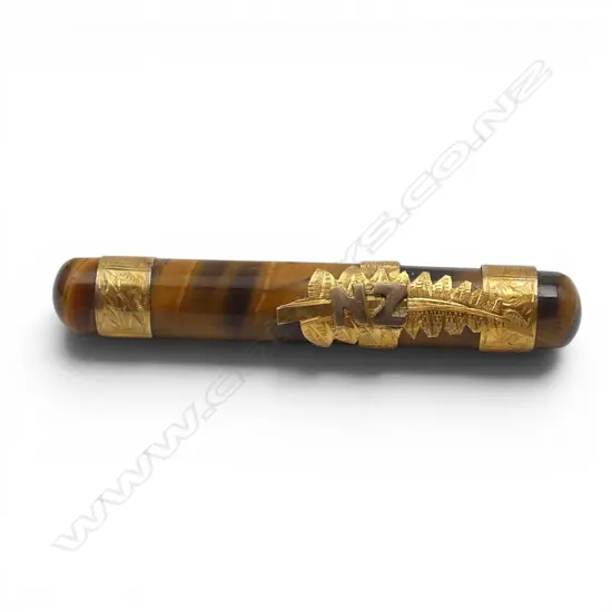 9CT GOLD MOUNTED TIGEREYE BAR BROOCH