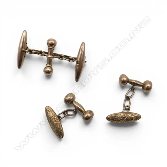 PR 9ct GOLD VINTAGE CUFFLINKS & CUFFLINK BAR BROOCH, metal bar & pin, 7.65gm