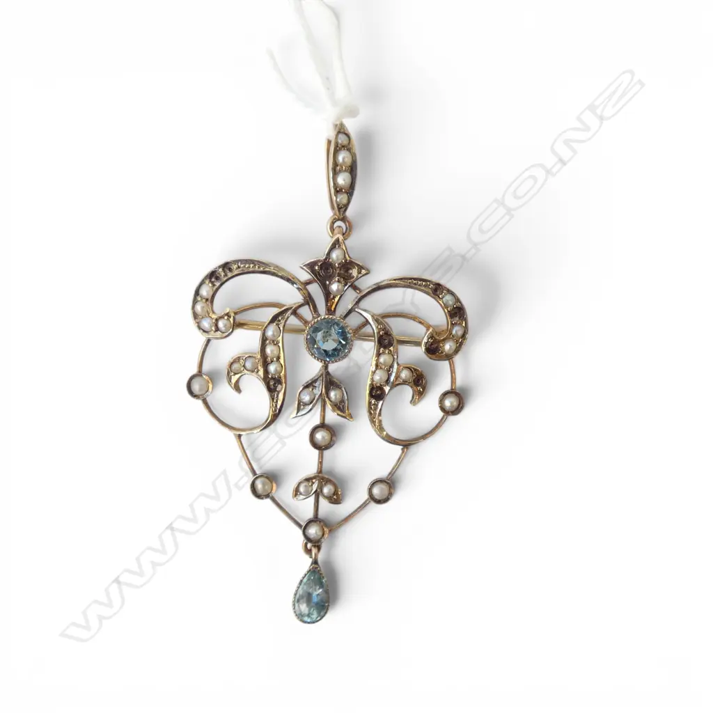 EDWARDIAN 9ct GOLD, AQUAMARINE? & SEED PEARL BROOCH 11 pearls missing 3.29gms Image 1++