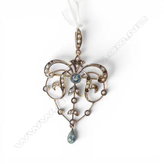 EDWARDIAN 9ct GOLD, AQUAMARINE? & SEED PEARL BROOCH 11 pearls missing 3.29gms