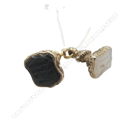 2 19thC ROLLED GOLD FANCY SEAL FOBS: intaglio cut bloodstone & quartz panels