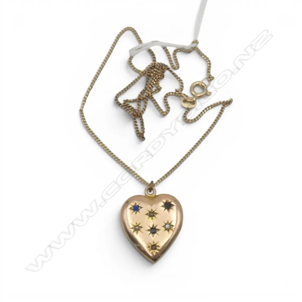 9ct ANTIQUE GEM & SEED PEARL SET LOCKET on 9ct CHAIN, 4.38gm Image 1++