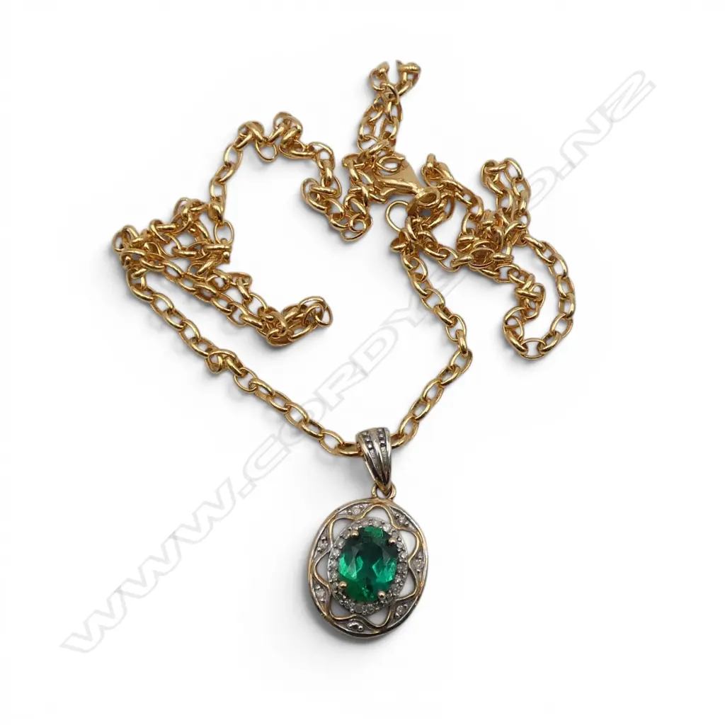 9CT  CREATED EMERALD PENDANT NECKLACE L.500mm, 7.6gms Image 1++
