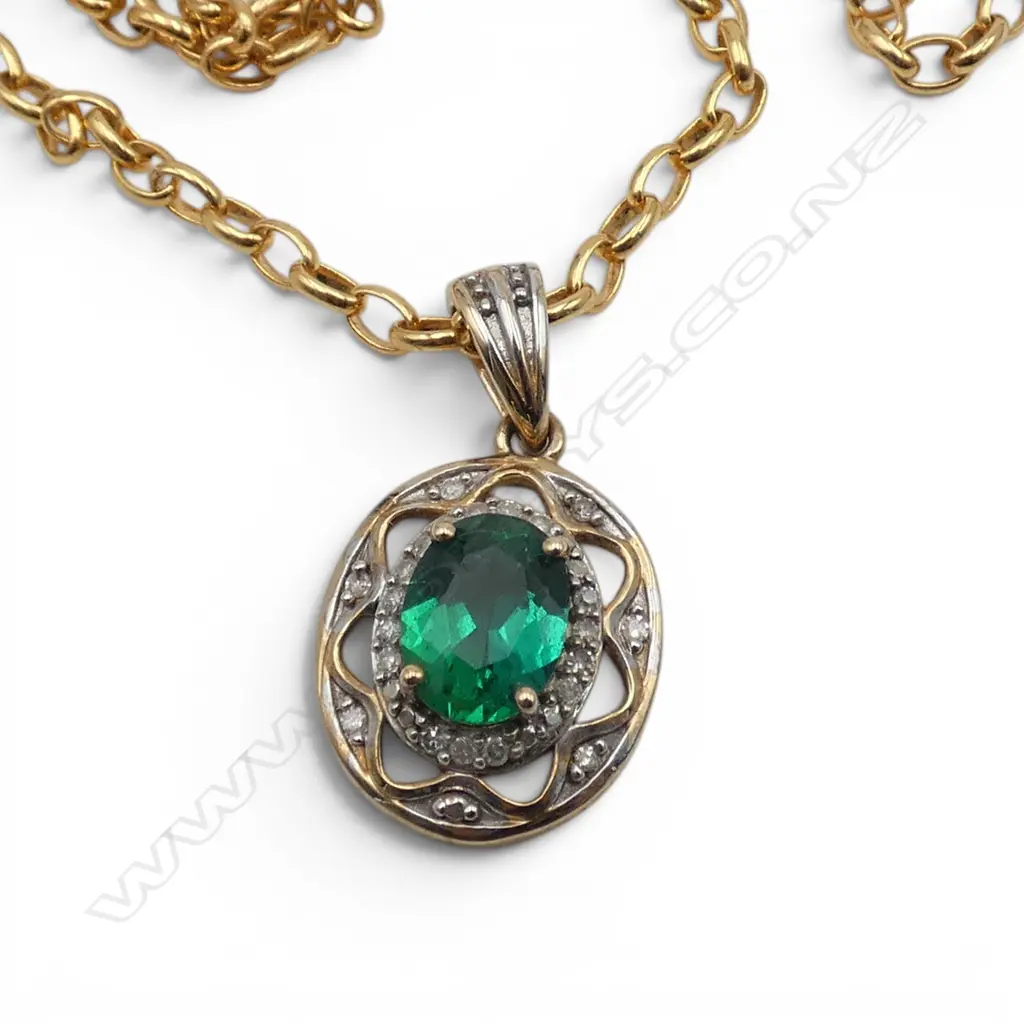 9CT  CREATED EMERALD PENDANT NECKLACE L.500mm, 7.6gms Image 1++